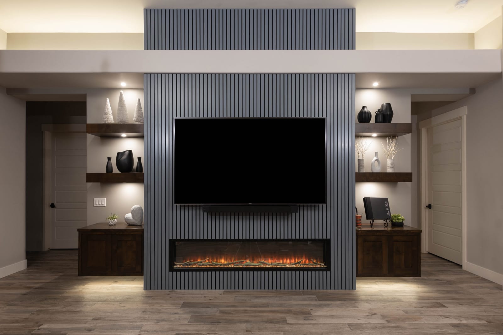 Fluted Media Wall with Linear Fireplace, finished project