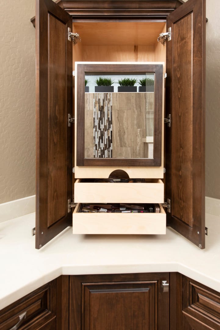 Vanity tower with interior drawers