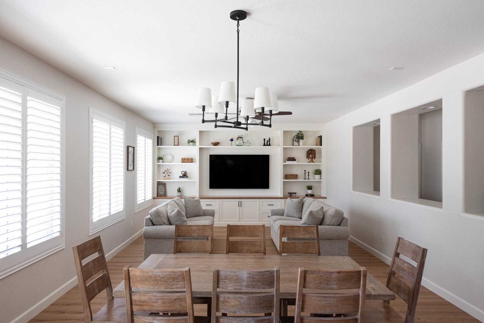 great room, Finished great room: New flooring, lighting and furniture: one open living space.